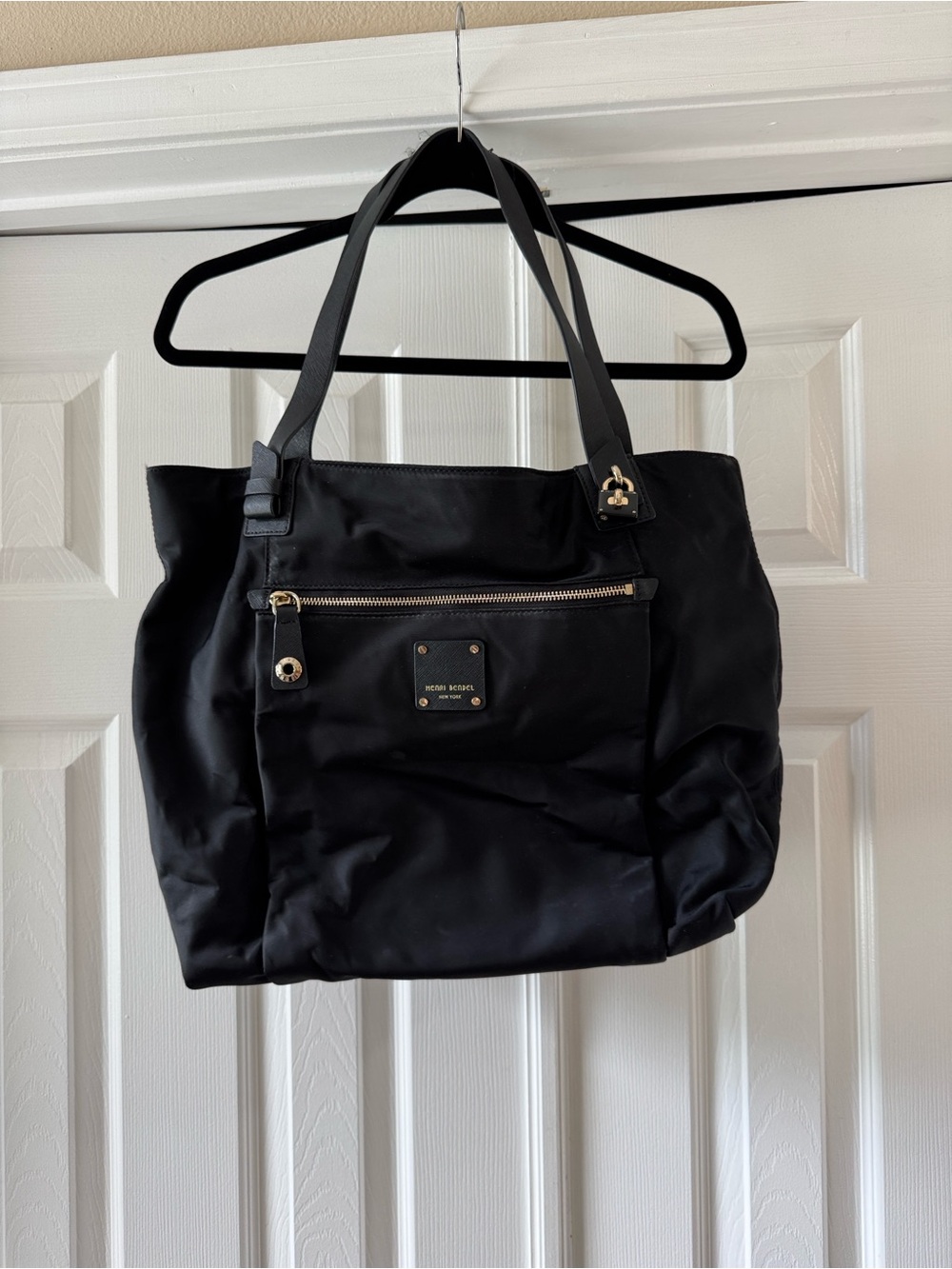 henri bendel Black Nylon Tote with Gold Hardware
